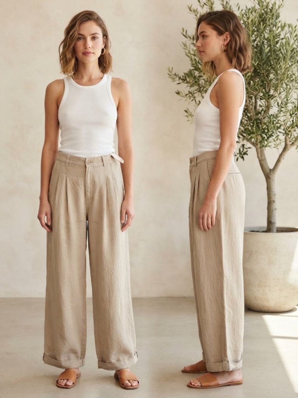 Free People Beige Linen Relaxed Fit Wide Leg Pants Size 0